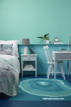 bedroom, aqua bedroom, aqua interior, aqua feature wall, blue painted floor, aqua tones