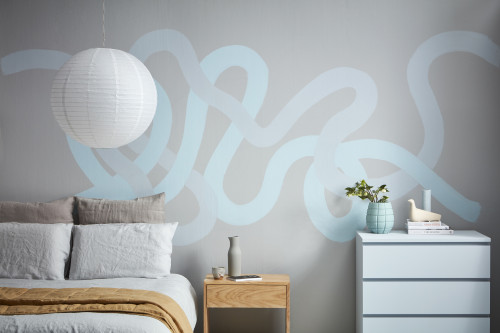 bedroom, grey bedroom, grey and blue interior, painted feature wall, wave inspired wall