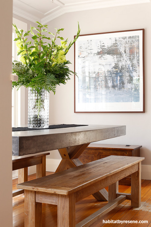 dining room, picnic style table, dining room inspiration, wood flooring, Resene