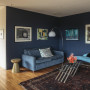 living room, lounge, blue living room, blue lounge, blue feature wall, resene midnight express