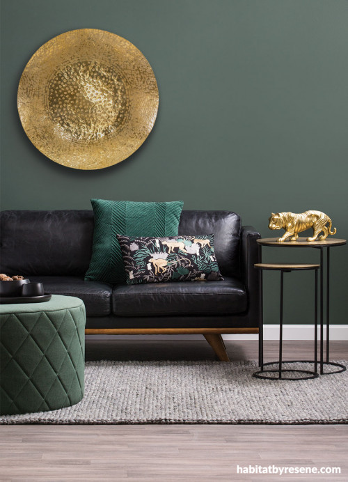 lounge, living room, green feature wall, green living room, green lounge, green and gold