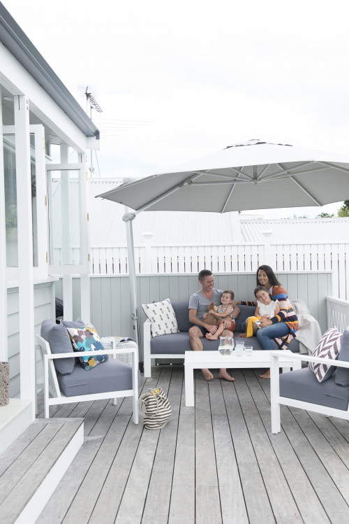house exterior, deck, outdoor living area, renovated villa, grey house exterior, outdoor seating