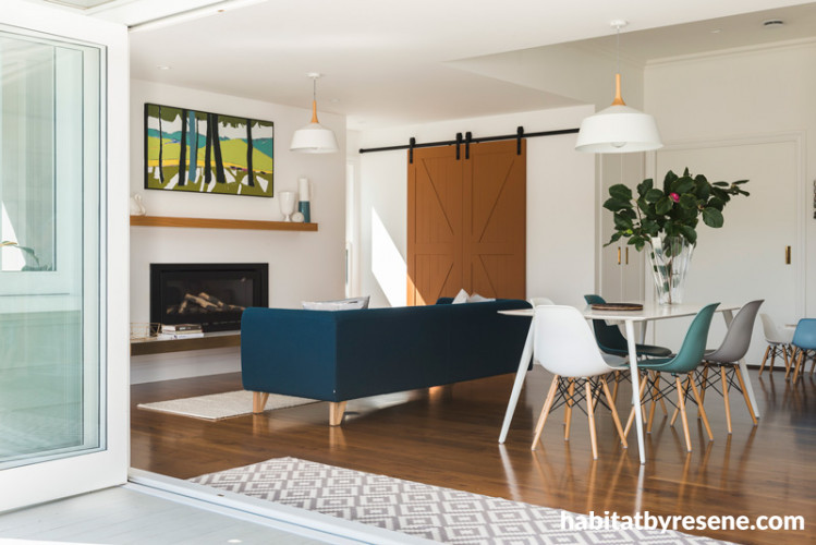 living room, lounge, open plan living, barn door, white lounge, white dining room 