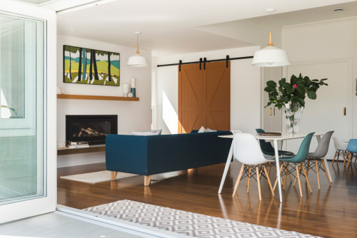living room, lounge, open plan living, barn door, white lounge, white dining room