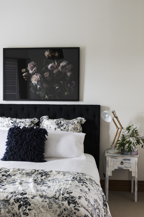 bedroom, white bedroom, black and white bedroom, floral inspired bedroom