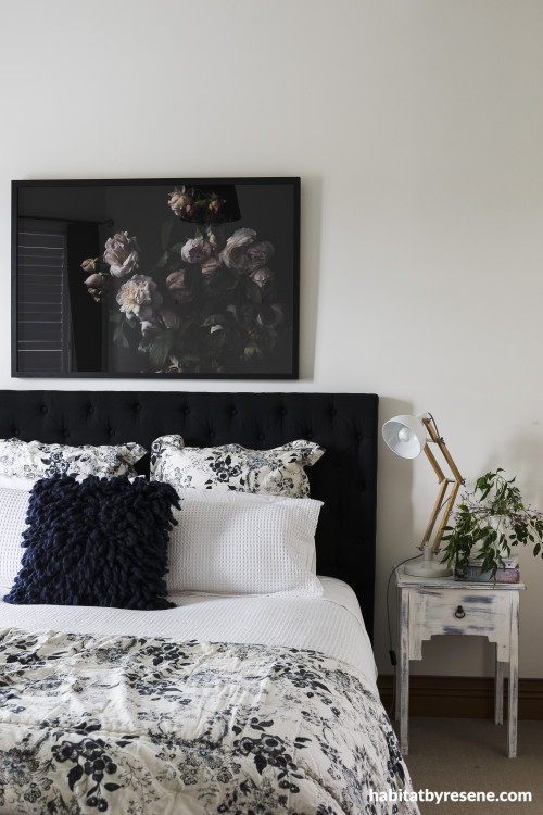 bedroom, white bedroom, black and white bedroom, floral inspired bedroom