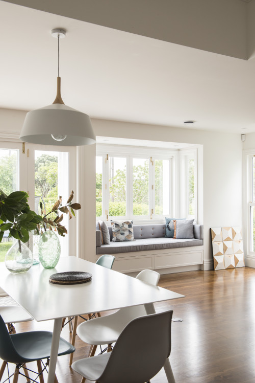 dining room, open plan living, white dining room, window seat, neutral dining room
