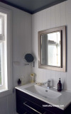 bathroom, grey ceiling, white bathroom, blue cabinet, blue and white, white and grey 