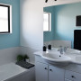blue bathroom, bathroom renovation, resene morning glory