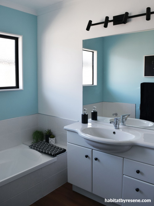 blue bathroom, bathroom renovation, resene morning glory