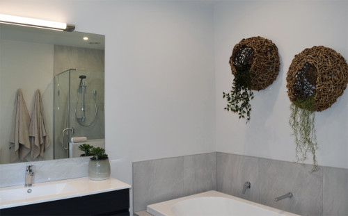 bathroom, main bathroom, neutral bathroom, white bathroom, grey bathroom tiles, resene white pointer