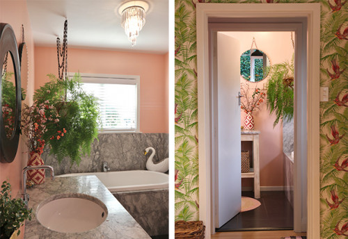 bathroom, pink bathroom, green wallpaper, wallpaper hallway, granite bath, granite vanity