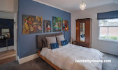 bedroom, blue bedroom, blue feature wall, blue and white bedroom, master bedroom