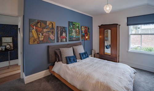 bedroom, blue bedroom, blue feature wall, blue and white bedroom, master bedroom
