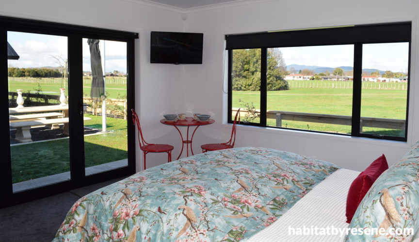 French country, guest bedroom, white bedroom, indoor outdoor flow, garden 