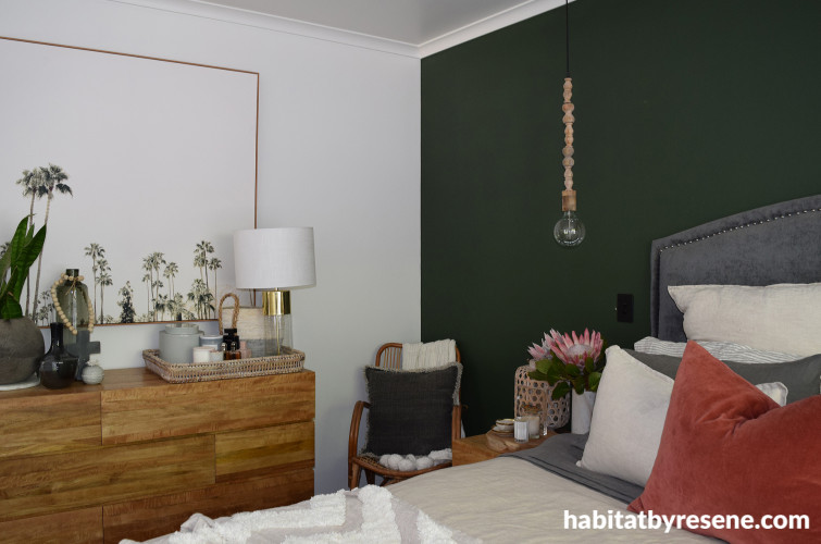 bedroom, green bedroom, green feature wall, resene black white, pendant light, resene seaweed