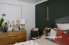 bedroom, green bedroom, green feature wall, resene black white, pendant light, resene seaweed