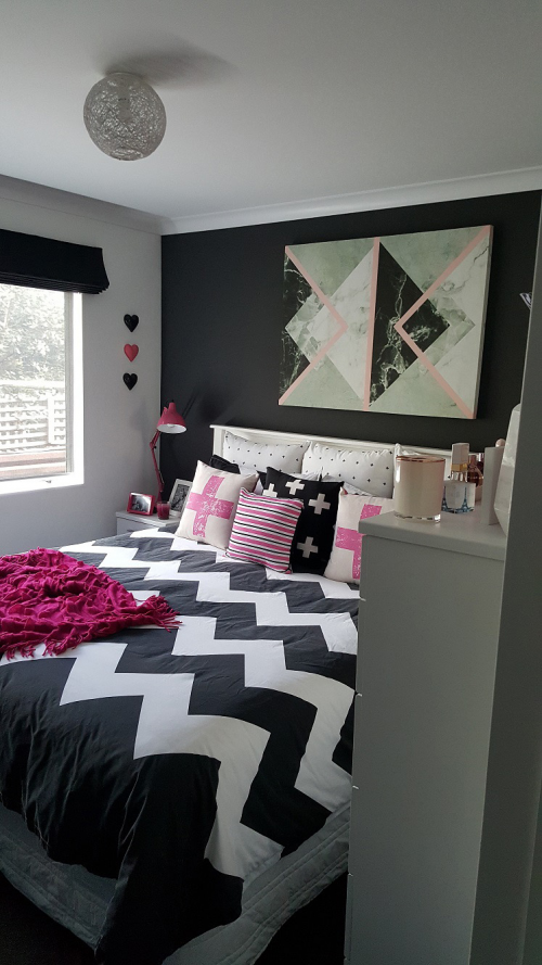 Bedroom, dark colours, feature wall, black paint, paint ideas