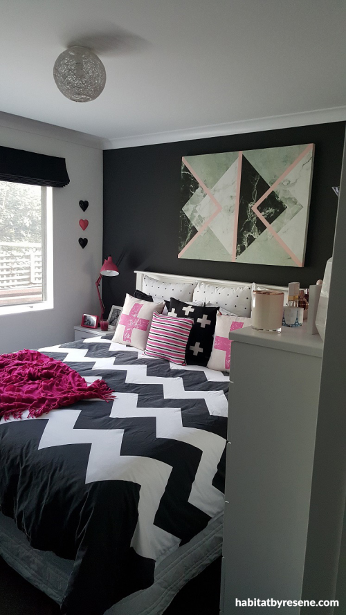 Bedroom, dark colours, feature wall, black paint, paint ideas