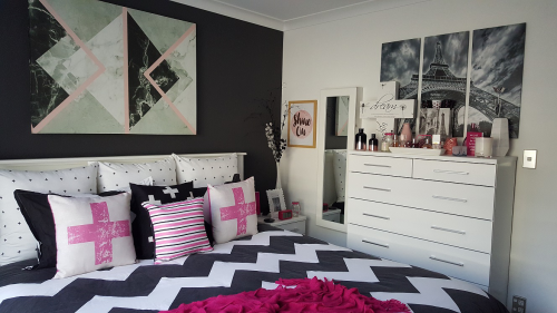 grey bedroom, painted furniture, painted wardrobe, feature wall