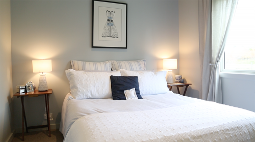 bedroom, blue bedroom, light blue paint, blue and white paint, grand, elegant