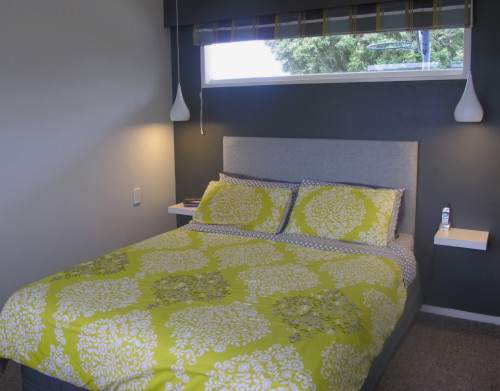 master bedroom, grey bedroom, green and grey, 1970s home, retro house