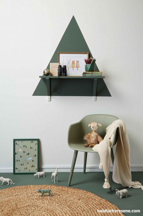 nursery inspiration, green nursery ideas, nursery decor, nursery design, tree shelf, painted shelf