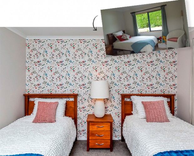 wallpaper feature wall, floral wallpaper, floral feature wall, floral bedroom, wallpaper inspiration