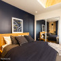 navy bedroom, boys bedroom, dark blue feature wall, teenagers bedroom, wood headboard