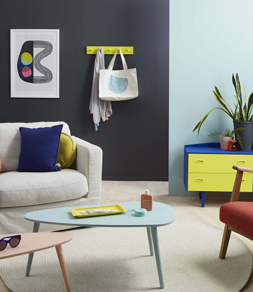 living room, lounge, bach interior, black feature wall, colourful living, resene nocturnal, retro