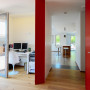 study, living area, white study, white living area, red door, red study, red and white