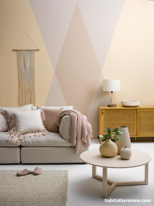 living room inspiration, lounge inspiration, pink interior ideas, geometric interior ideas, resene