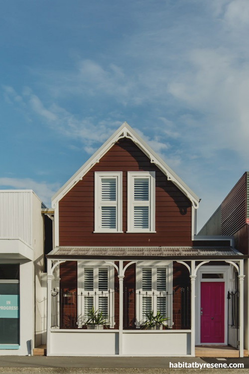 brown house, brown exterior, brown cottage, pink front door, 1800s cottage, resene brown pod