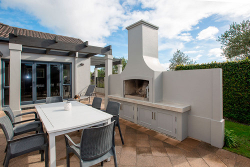 exterior, white, pergola, resene bokara grey, resene double truffle
