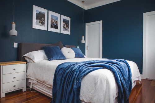 bedroom, master bedroom, blue bedroom, moody blues, resene tangaroa, interior inspiration