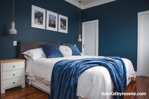 bedroom, master bedroom, blue bedroom, moody blues, resene tangaroa, interior inspiration 