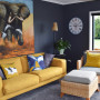 modern French country, black living room, navy lounge, yellow couch, elephant art 