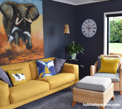 modern French country, black living room, navy lounge, yellow couch, elephant art 