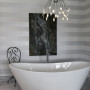 french country, bathroom, ensuite, striped wallpaper, silver bathroom, silver wallpaper