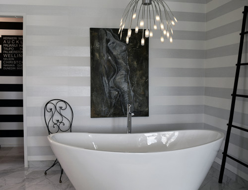 french country, bathroom, ensuite, striped wallpaper, silver bathroom, silver wallpaper