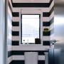 French country, striped wallpaper, black and white bathroom, black and white wallpaper, toilet 