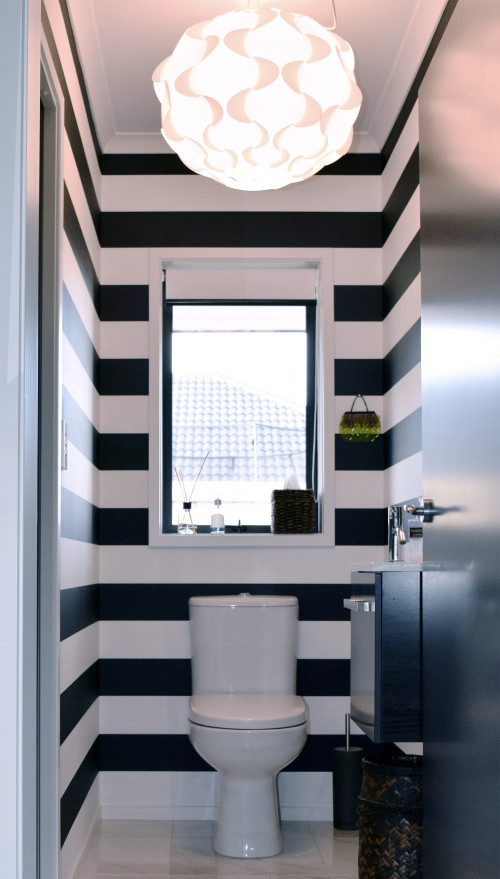 French country, striped wallpaper, black and white bathroom, black and white wallpaper, toilet