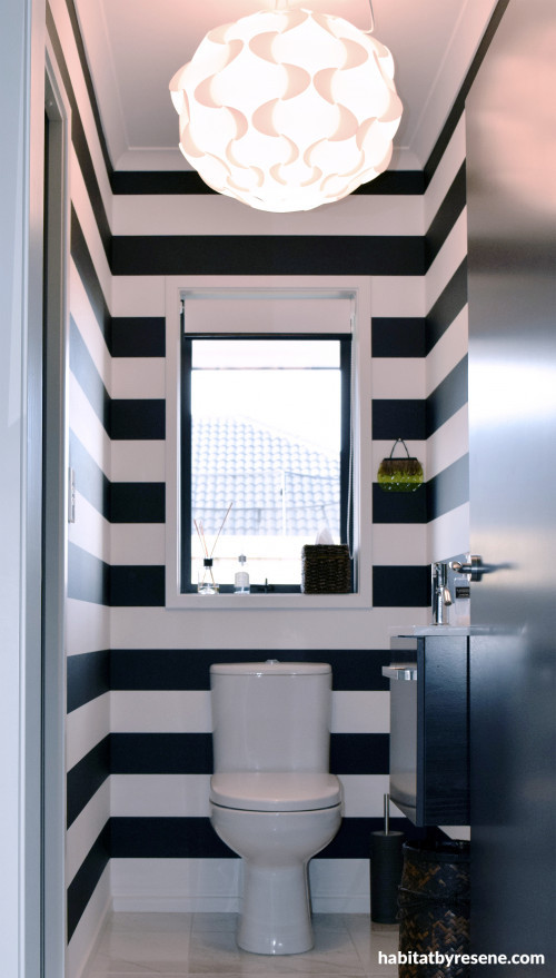 French country, striped wallpaper, black and white bathroom, black and white wallpaper, toilet 