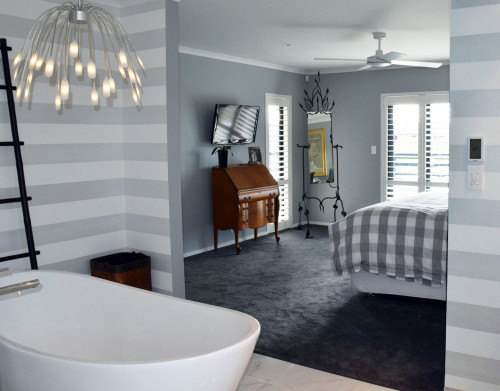 master bedroom, grey bedroom, ensuite, French country, grey bathroom, striped wallpaper