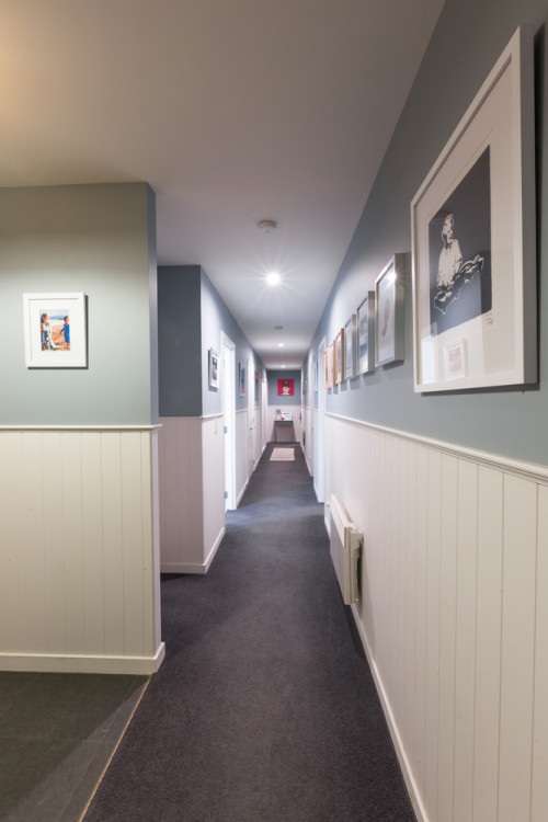 painted hallway, hallway ideas, entrance way, tounge-and-groove panelling, blue and white hallway