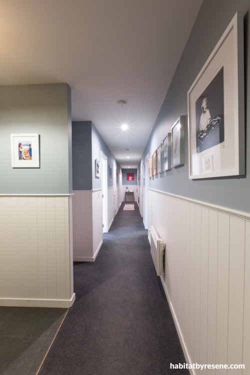 painted hallway, hallway ideas, entrance way, tounge-and-groove panelling, blue and white hallway 