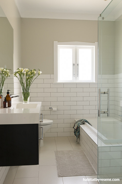 bathroom, white, bungalow, renovating a bungalow, bungalow renovation, resene merino, white bathroom