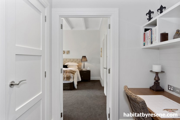 white bedroom, master bedroom, hallway study, hallway office, white home office