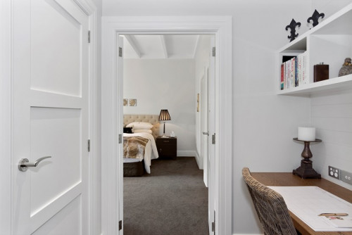 white bedroom, master bedroom, hallway study, hallway office, white home office