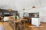 kitchen, white kitchen, exposed ceiling, white ceiling, resene alabaster, timber flooring